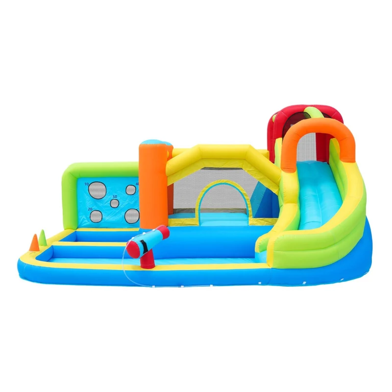 Chateau gonflable avec soufflerie, parc aquatique multifonctionnel et parc de trampolines pour enfants avec toboggan aquatique, panier de basket et mur d'escalade, 410x315x203 cm, Bleu