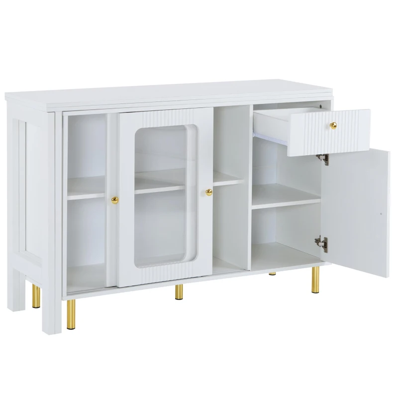 Buffet moderne avec plateau rabattable, surface pivotante, pieds en métal doré et portes coulissantes en verre, 116x40x78,5 cm, Blanc