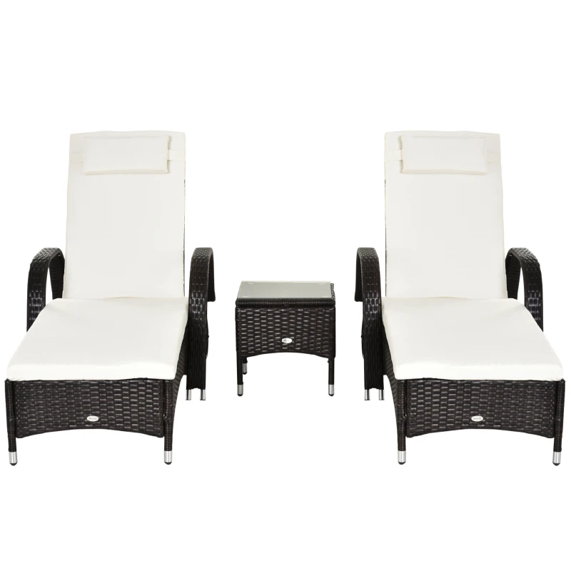 Outsunny 3 Pieces Patio Lounge Chair Set, Garden Wicker Wheeling Recliner Outdoor Daybed, PE Rattan Lounge Chairs for Outside with Cushions & Side Coffee Table for Backyard, Poolside, Brown