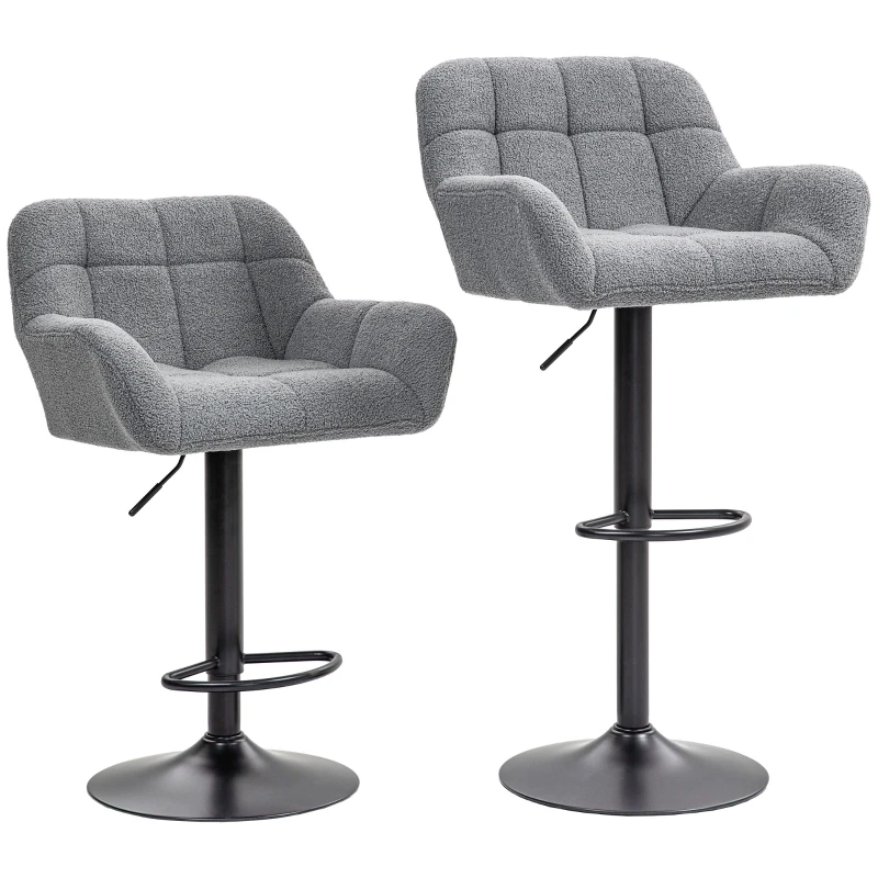 HOMCOM Taburetes de Bar 2 Piezas Diseño Retro Ajustable en Altura Tela con Aspecto de Terciopelo Gris + Negro