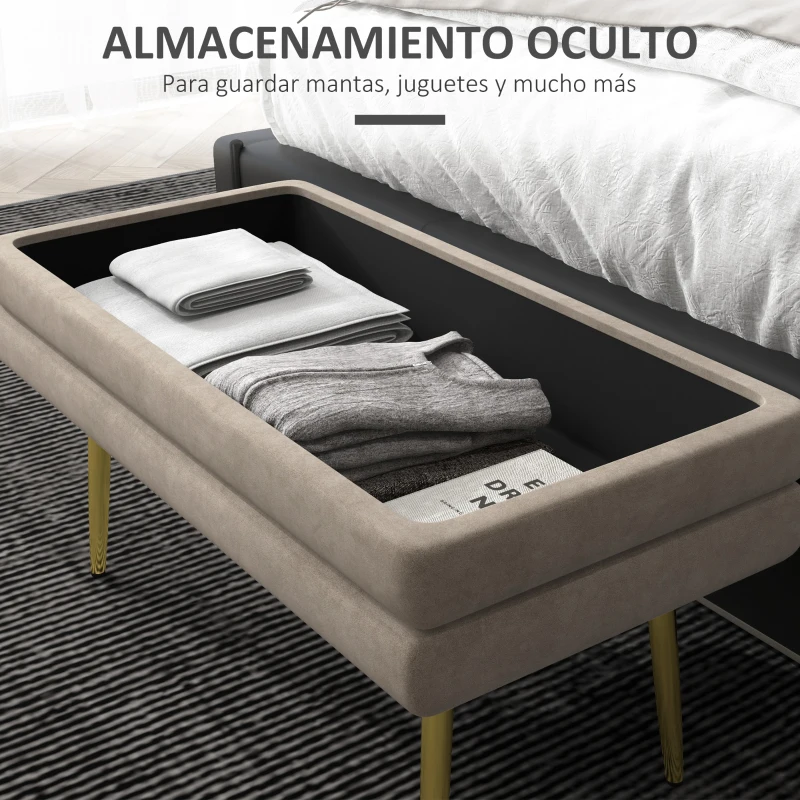 HOMCOM Banco de Almacenaje para Dormitorio 30L Tapizado en Terciopelo Pie de Cama con Patas de Acero 79,5x37,5x43 cm Beige
