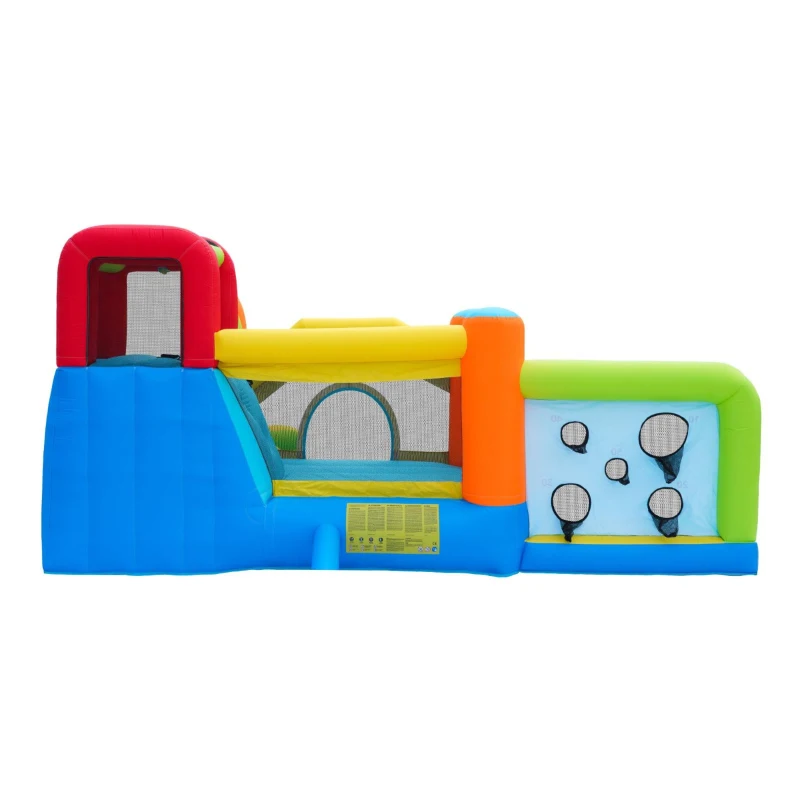 Chateau gonflable avec soufflerie, parc aquatique multifonctionnel et parc de trampolines pour enfants avec toboggan aquatique, panier de basket et mur d'escalade, 410x315x203 cm, Bleu