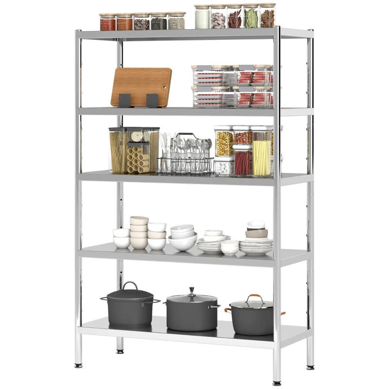 HOMCOM Étagère de Cuisine à 5 Niveaux Réglables sur 13 Hauteurs Différentes, en Acier Inoxydable, 91x40x139 cm, Argent