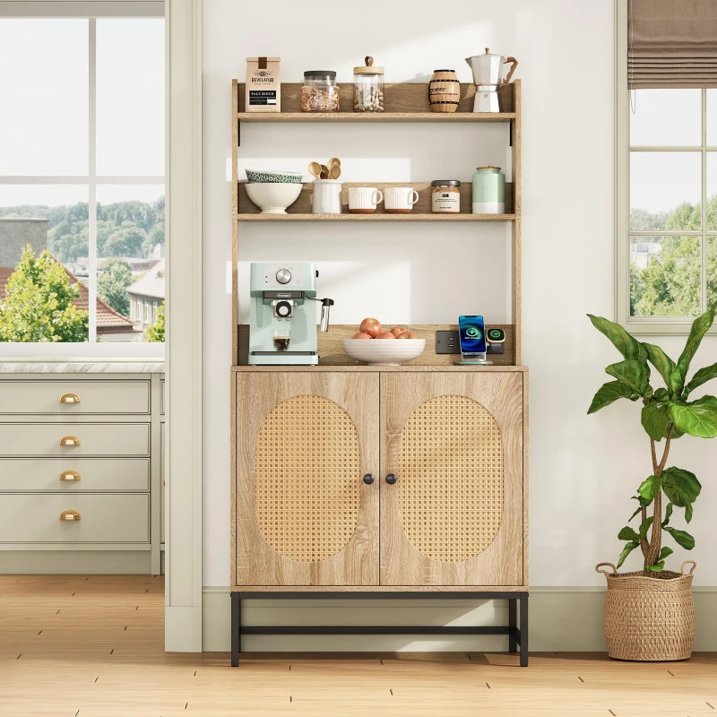 Buffet moderne, armoire avec portes doubles en rotin et espace de rangement, 80x40x160,5 cm , Couleur naturelle