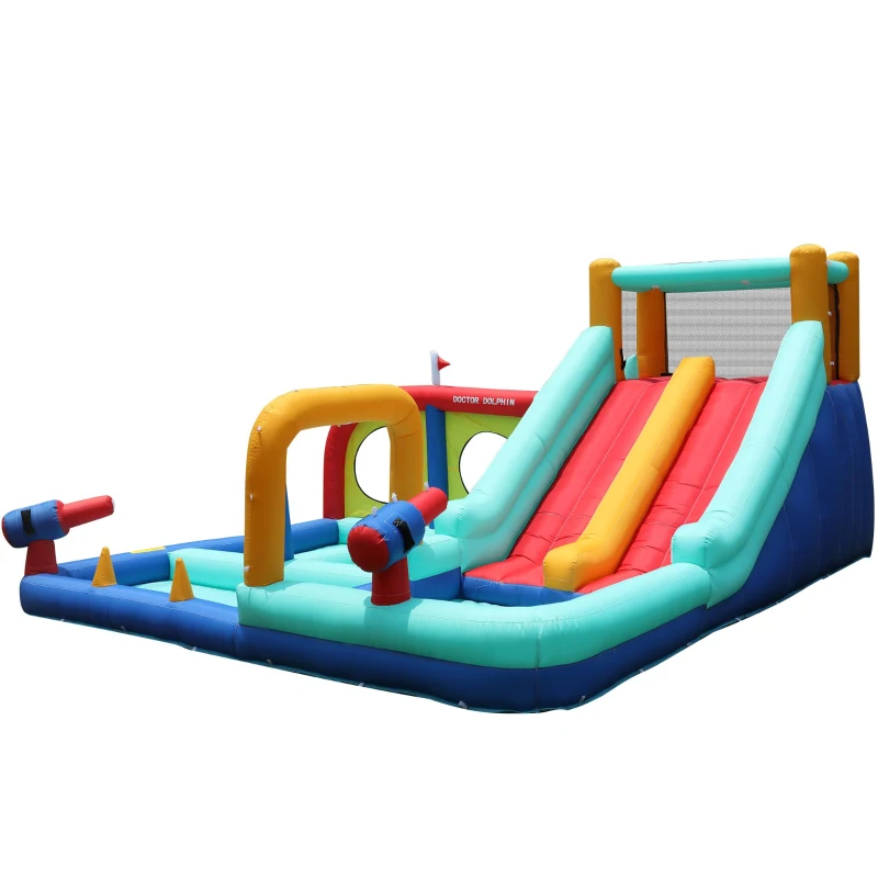 Castello d'Acqua Gonfiabile per Bambini con soffiatore, doppio scivolo, parete da arrampicata e pistola ad acqua, 365x450x217 cm, Blu