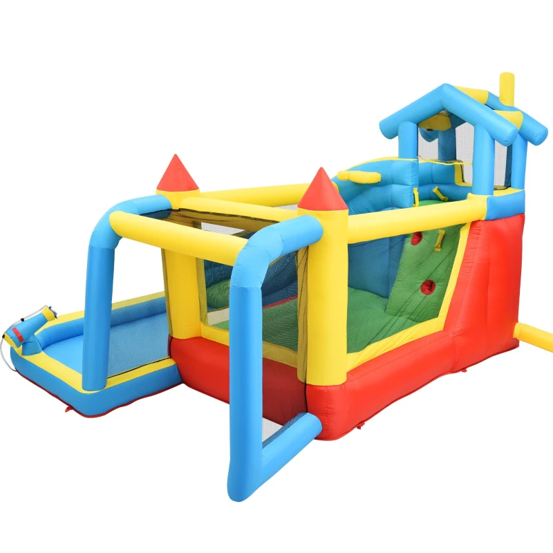 Castillo Hinchable Infantil 5 en 1 con Tobogán, Área de Salto, Piscina de Agua y Red de Fútbol, 364x315x239 cm, Azul