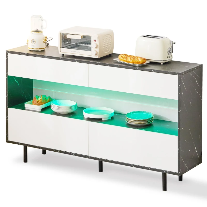 Buffet au design marbre noir avec espace de rangement ouvert, 4 tiroirs et éclairage LED, 150x35x89,5 cm, Blanc＋Noir