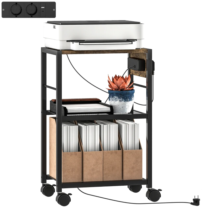 HOMCOM Support d'imprimante étagère d'imprimante avec roulettes, prises de courant, ports USB et USB-C jusqu'à 40 kg Marron rustique