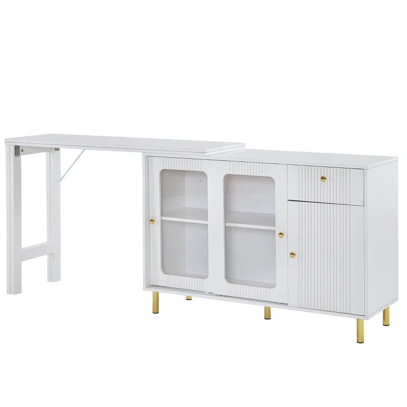 Buffet moderne avec plateau rabattable, surface pivotante, pieds en métal doré et portes coulissantes en verre, 116x40x78,5 cm, Blanc