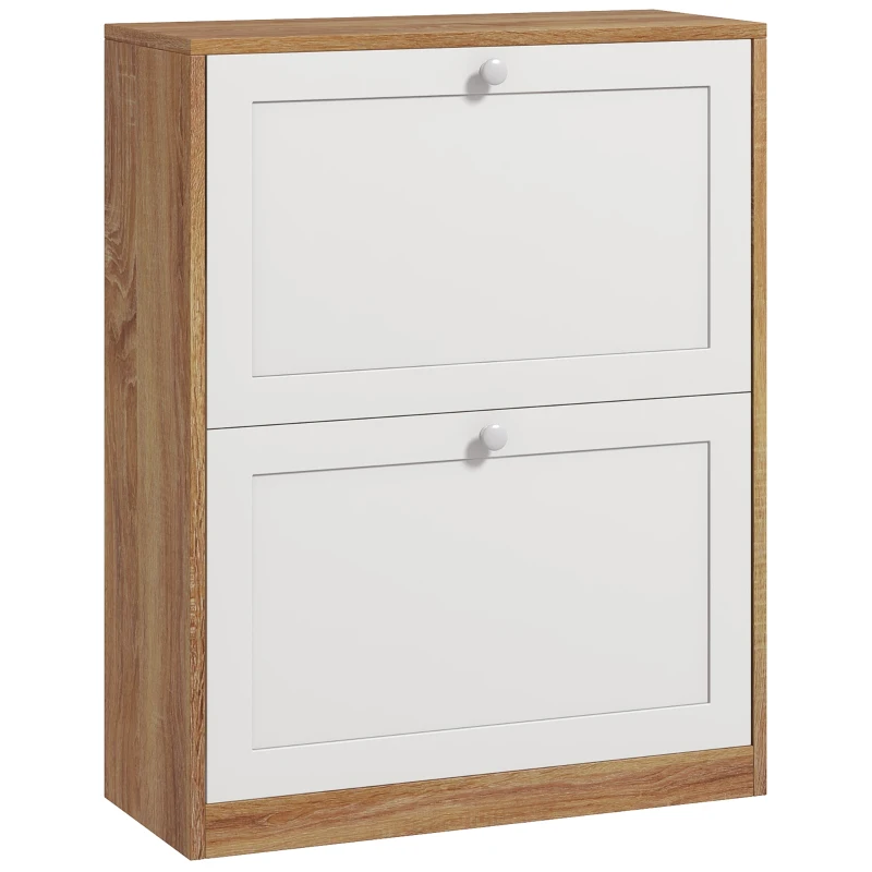 HOMCOM Zapatero Estrecho con 2 Puertas Estantes Ajustables para 12 Pares de Zapatos 60x24,5x75,5 cm Natural y Blanco