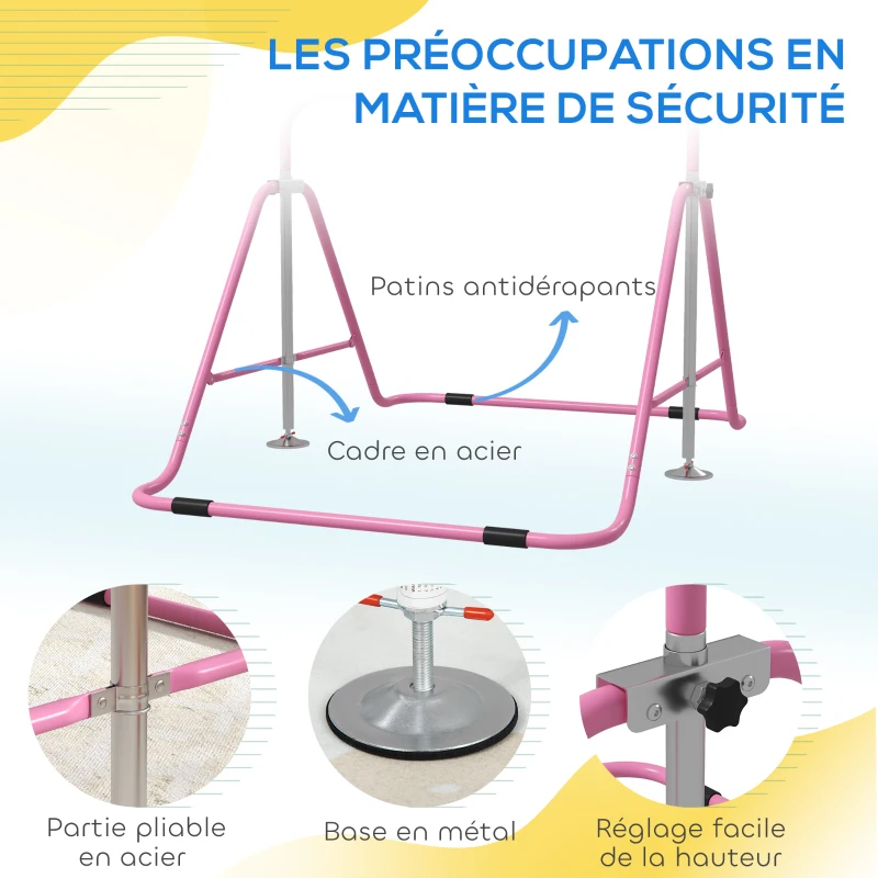 HOMCOM Barre fixe de gymnastique pour enfants pliante hauteur réglable de 88 à 128 cm rose