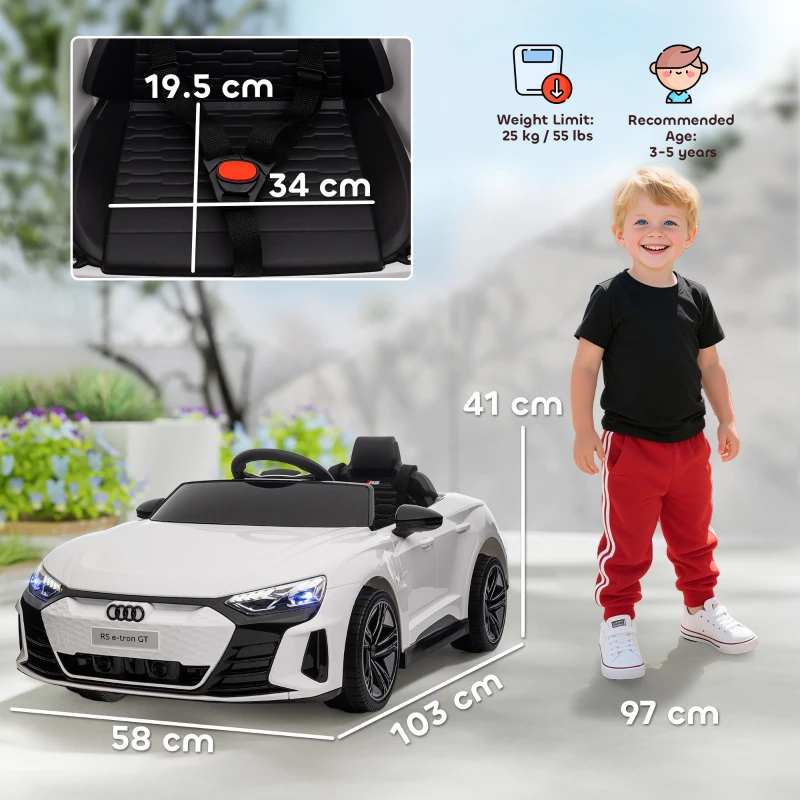 HOMCOM Mașină Electrică pentru Copii cu Motor Dublu, Centură de Siguranță, Telecomandă și Claxon, 103x58x41 cm, Alb