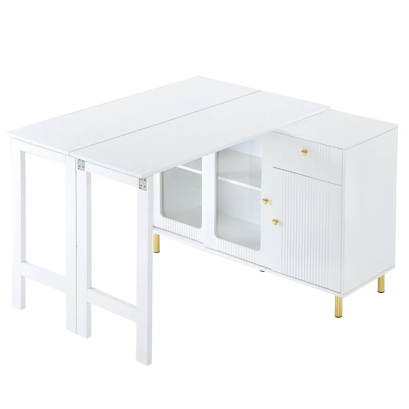 Buffet moderne avec plateau rabattable, surface pivotante, pieds en métal doré et portes coulissantes en verre, 116x40x78,5 cm, Blanc