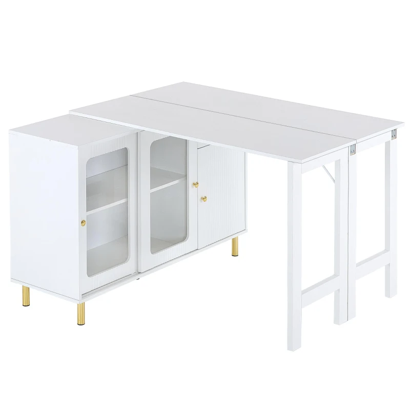 Modernes Buffet-Sideboard mit klappbarer Tischplatte, drehbarer Oberfläche, vergoldeten Metallbeinen und Glasschiebetüren, 116 x 40 x 78,5 cm, Weiß