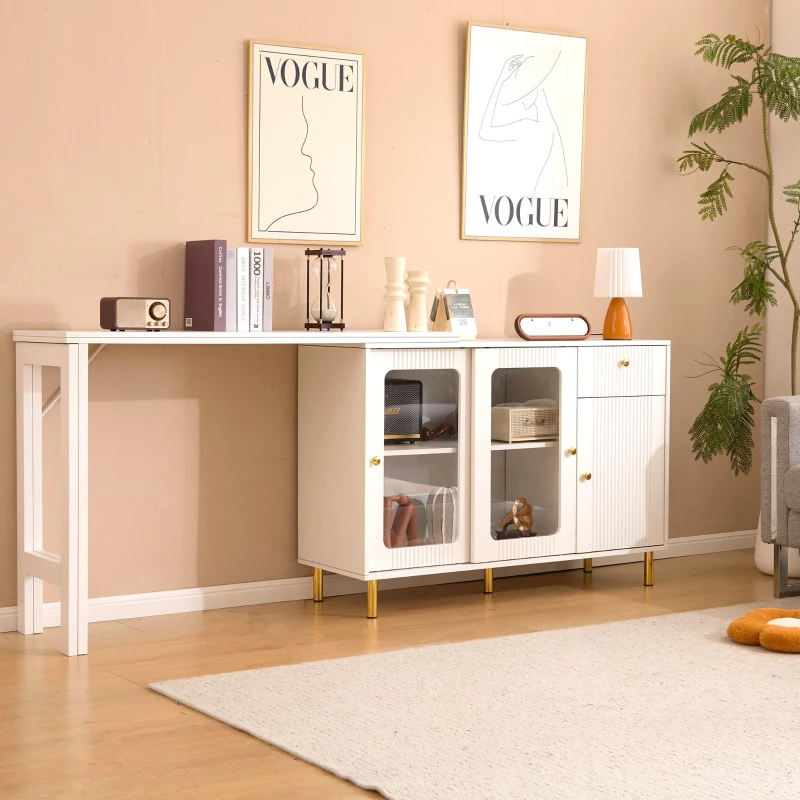 Buffet moderne avec plateau rabattable, surface pivotante, pieds en métal doré et portes coulissantes en verre, 116x40x78,5 cm, Blanc