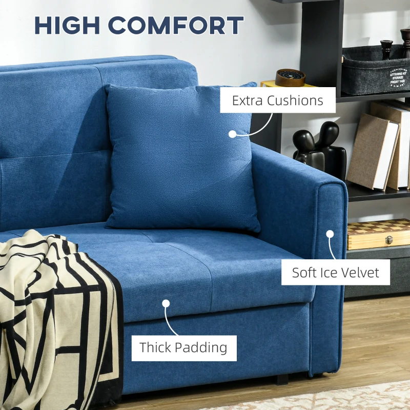 HOMCOM 2 Seater Sofa Bed with Hidden Storage, Pull Out Convertible Bed Settee, Modern Snow Flannel Loveseat Sofa Sleeper with 2 Cushions for Living Room, Guest Room, Deep Blue