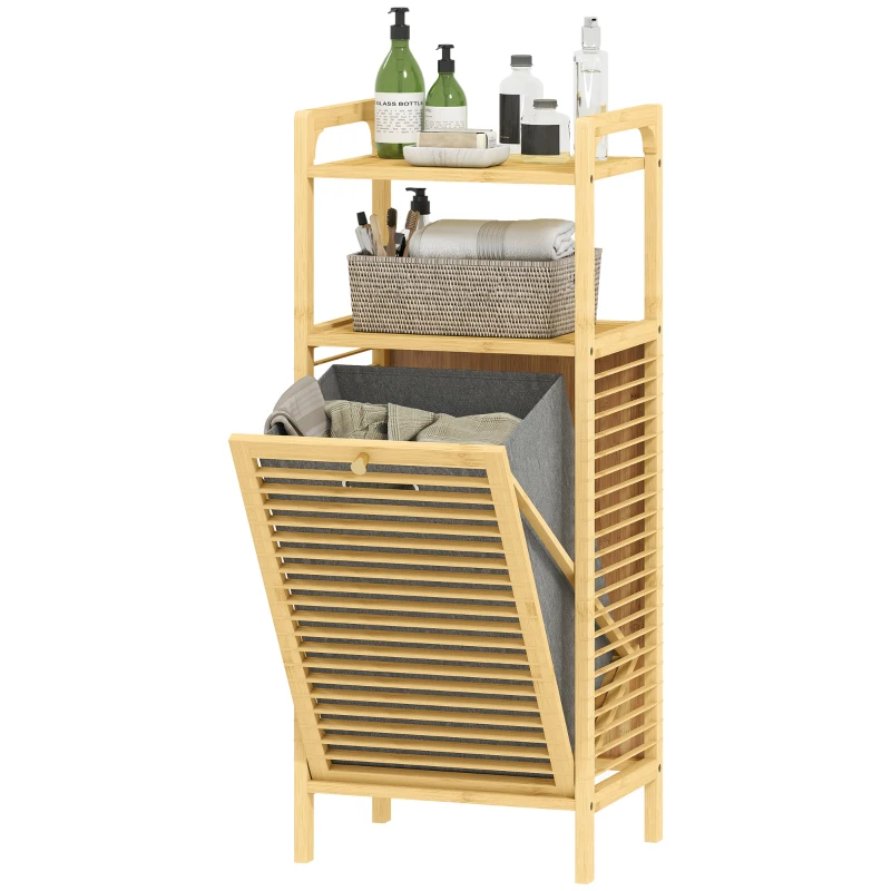 HOMCOM Mobile Bagno a Doghe con Cesto Portabiancheria e Armadietto, in Bambù e Poliestere, 40x30x95 cm, Grigio e Legno