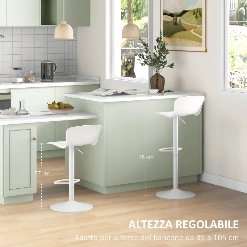 HOMCOM Set 2 Sgabelli da Bar con Schienale, Girevoli e con Altezza Regolabile, Polipropilene, Bianco