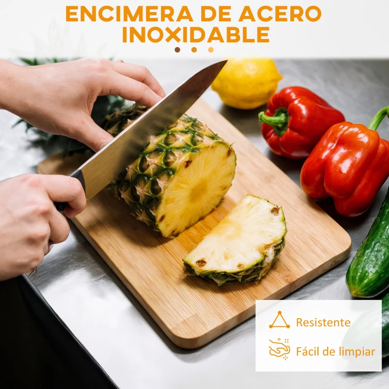 HOMCOM Isla de Cocina con Ruedas Tablero de Acero Inoxidable Cajones Estantes Ajustables Especiero Toallero 145x45x93 cm Negro