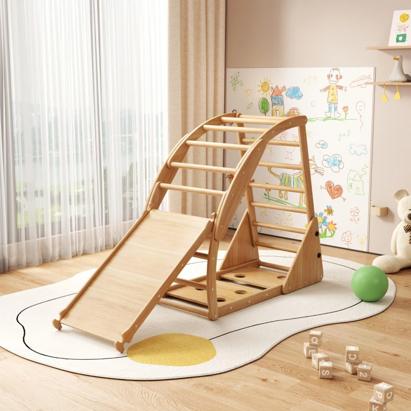 Structure d'escalade multifonctionnelle 8-en-1 en bois, Transformations de formes polyvalentes, avec toboggan, module d'escalade, bateau à bascule et tente, 140x58x142 cm, Couleur naturelle