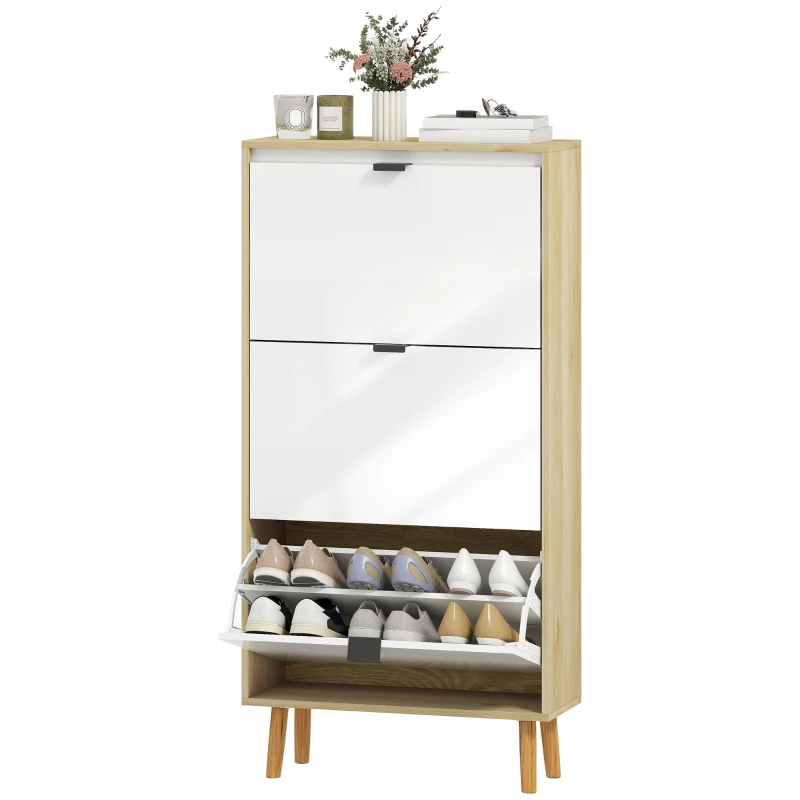 HOMCOM Schuhschrank, schmaler Schuhschrank, 3 klappbare Schubladen, Hochglanzfront, 60x24x127cm, weiß