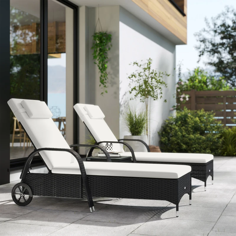 Outsunny 2 Seater Rattan Sun Lounger Set with Side Table Black