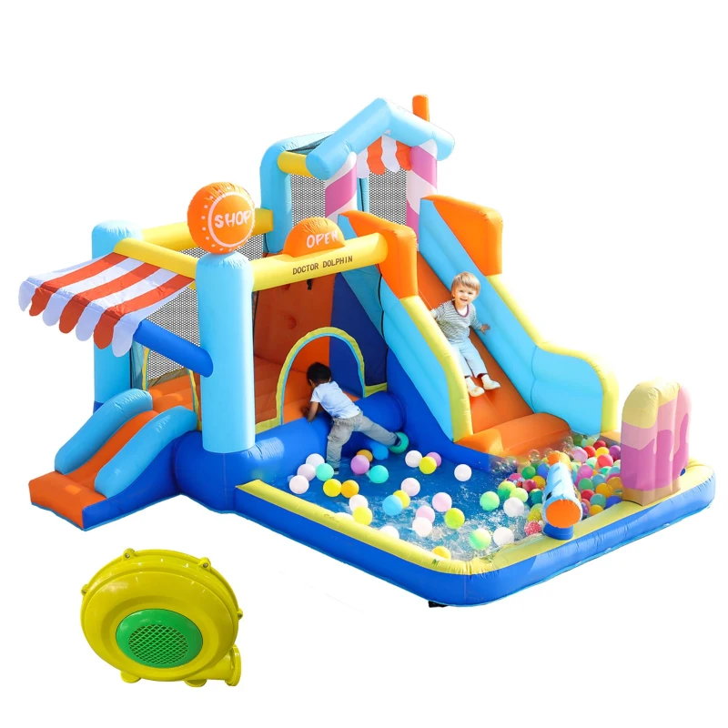 Castillo Hinchable para Niños con Tobogán Acuático y Trampolín, Parque Acuático Multifuncional con Fuente y Pistolas de Agua, 395x340x236 cm, Azul