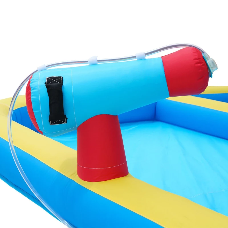 Chateau gonflable avec soufflerie, parc aquatique multifonctionnel et parc de trampolines pour enfants avec toboggan aquatique, panier de basket et mur d'escalade, 410x315x203 cm, Bleu