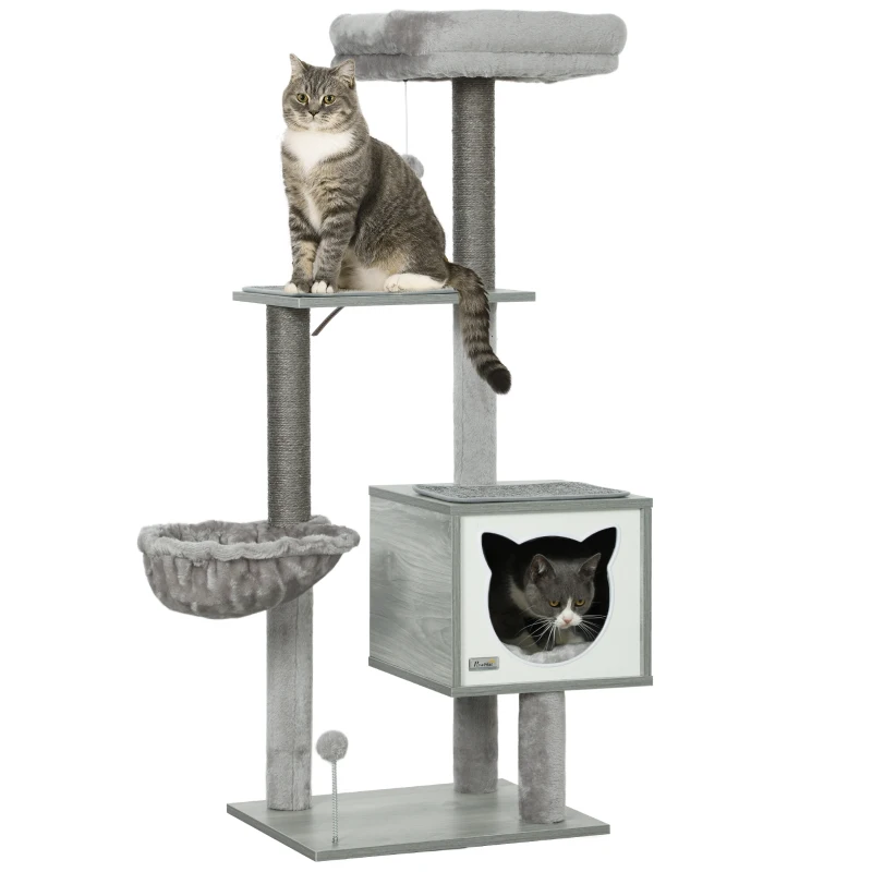 PawHut Albero per Gatti tiragraffi graffiatoi multi-accessori cuccia amaca peluche corta sisal naturale 48x40x126cm grigio
