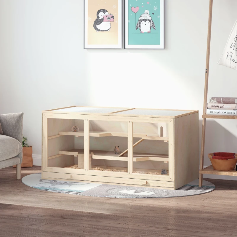 PawHut hamsterkooi, knaagdierenkooi, muizenkooi met trappetjes, drie verdiepingen massief hout PVC naturel(m-11)