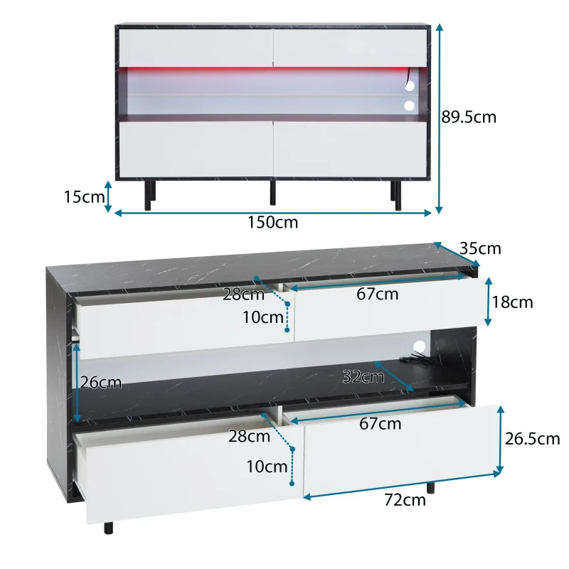 Buffet au design marbre noir avec espace de rangement ouvert, 4 tiroirs et éclairage LED, 150x35x89,5 cm, Blanc＋Noir