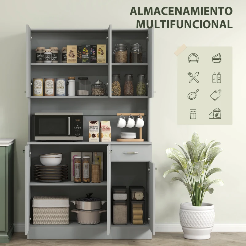 HOMCOM Alacena de Cocina Aparador de Comedor con 1 Cajón 6 Puertas y Estantes Ajustable Estilo Moderno 101x39x180 cm Gris