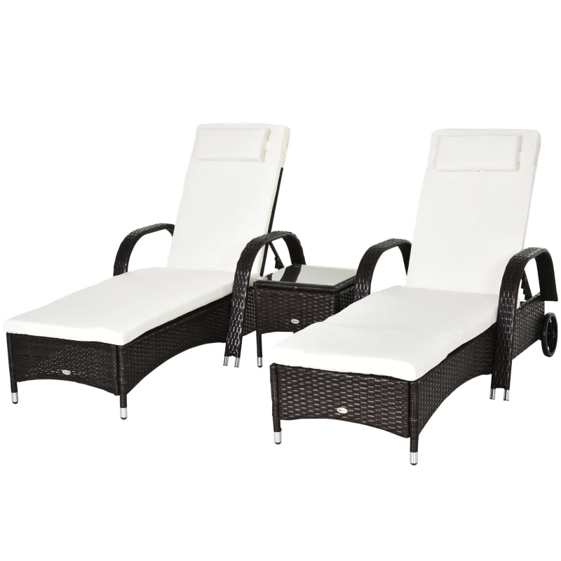 Outsunny 3 Pieces Patio Lounge Chair Set, Garden Wicker Wheeling Recliner Outdoor Daybed, PE Rattan Lounge Chairs for Outside with Cushions & Side Coffee Table for Backyard, Poolside, Brown