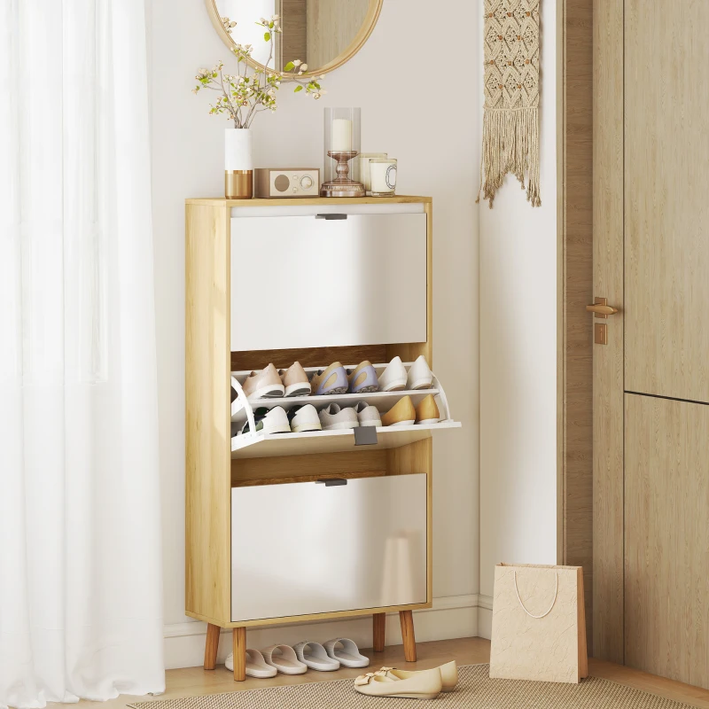 HOMCOM Meuble à chaussures, armoire à chaussures étroite, 3 tiroirs rabattables, porte haute brillante, 60x24x127cm, blanc