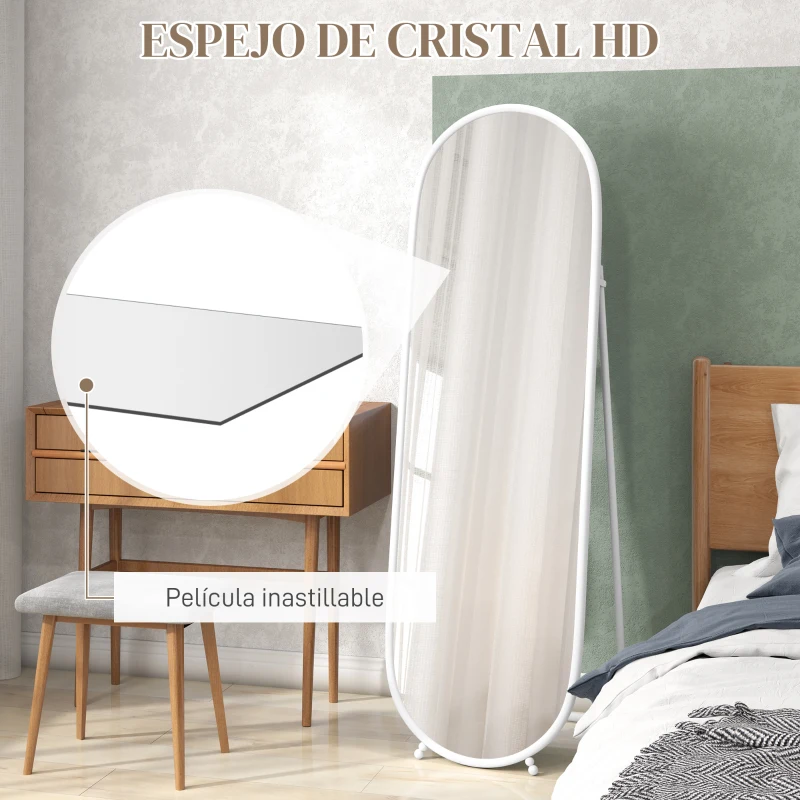 HOMCOM Espejo de Pie Cuerpo Entero con Marco Metálico Espejo de Pared Ovalado con 2 Formas de Uso 40x4x160 cm Blanco