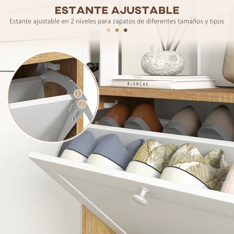 HOMCOM Zapatero Estrecho con 2 Puertas Estantes Ajustables para 12 Pares de Zapatos 60x24,5x75,5 cm Natural y Blanco
