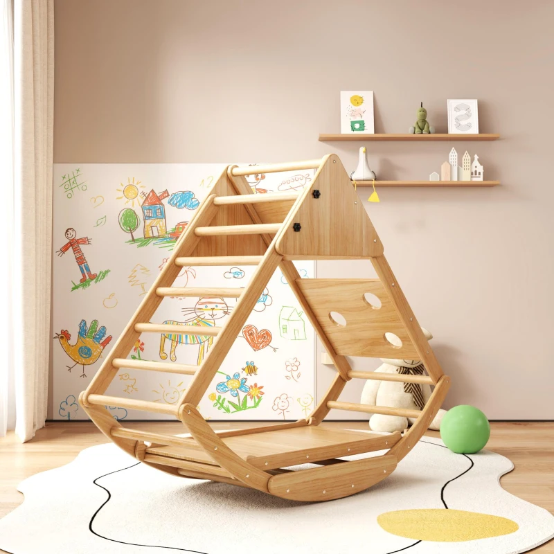 Structure d'escalade multifonctionnelle 8-en-1 en bois, Transformations de formes polyvalentes, avec toboggan, module d'escalade, bateau à bascule et tente, 140x58x142 cm, Couleur naturelle(m-4)