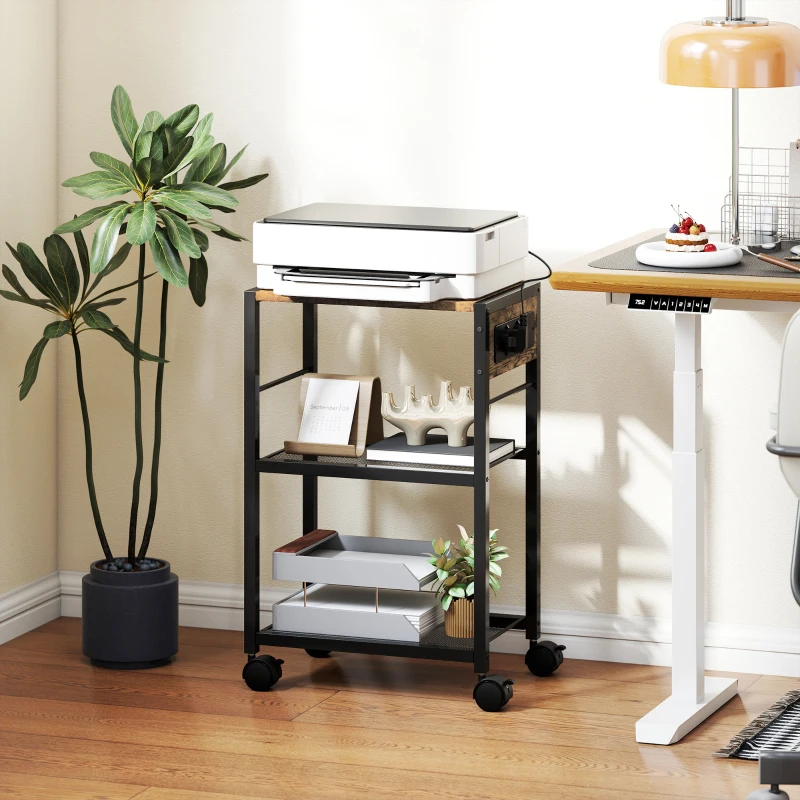 HOMCOM Soporte para Impresora Estante de Impresión con Ruedas, Enchufes, Puertos USB y USB-C hasta 40 kg Marrón Rústico