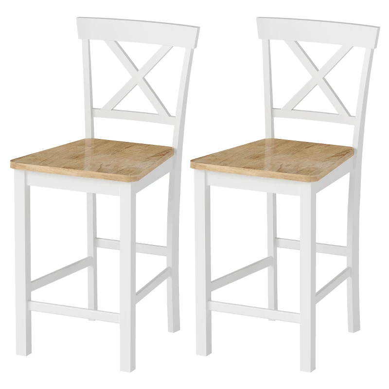 HOMCOM 2er-Set Barstühle mit Rückenlehne und Fußstütze, Kautschukholz, für Küche, Esszimmer, Bar, Eiche+Weiß