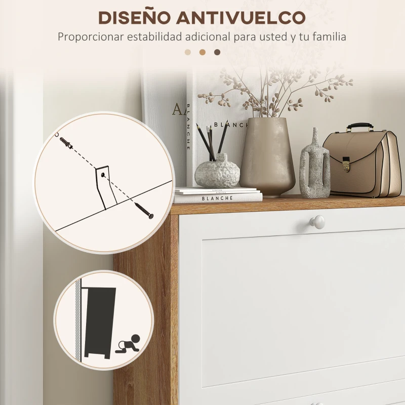 HOMCOM Zapatero Estrecho con 2 Puertas Estantes Ajustables para 12 Pares de Zapatos 60x24,5x75,5 cm Natural y Blanco