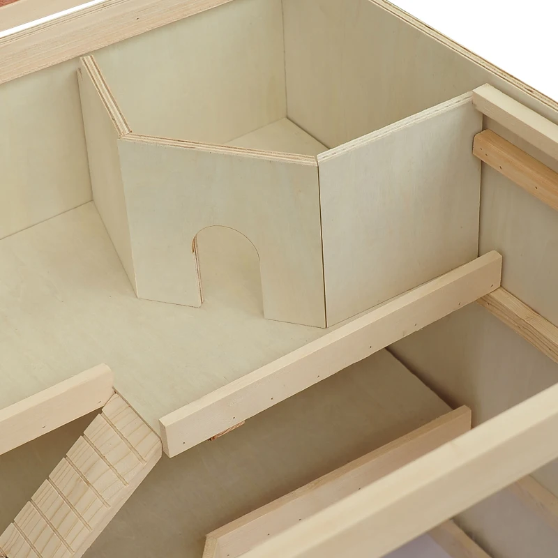 PawHut hamsterkooi, knaagdierenkooi, muizenkooi met trappetjes, drie verdiepingen massief hout PVC naturel(m-8)