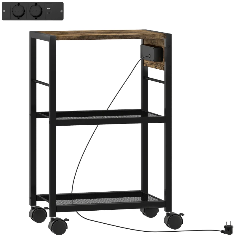 HOMCOM Support d'imprimante étagère d'imprimante avec roulettes, prises de courant, ports USB et USB-C jusqu'à 40 kg Marron rustique