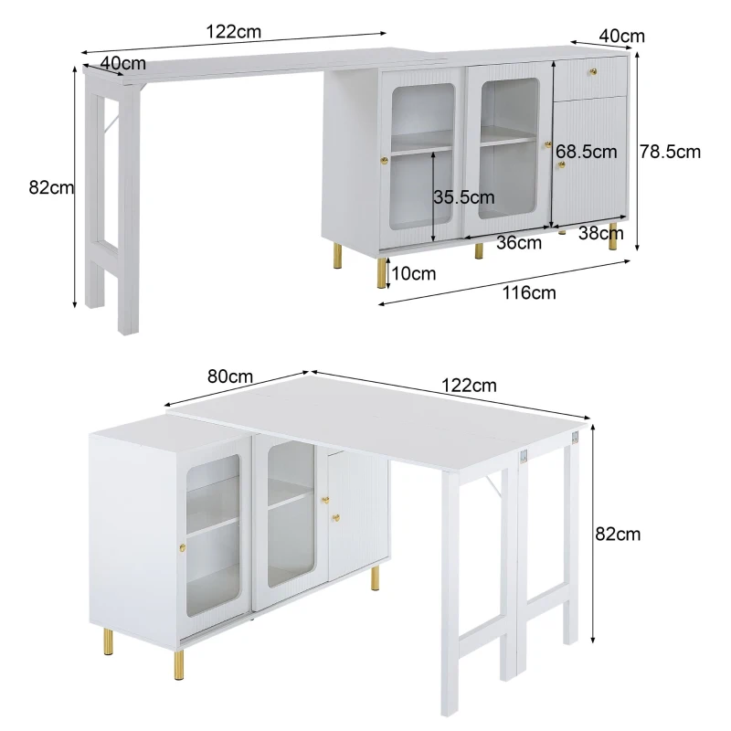 Buffet moderne avec plateau rabattable, surface pivotante, pieds en métal doré et portes coulissantes en verre, 116x40x78,5 cm, Blanc