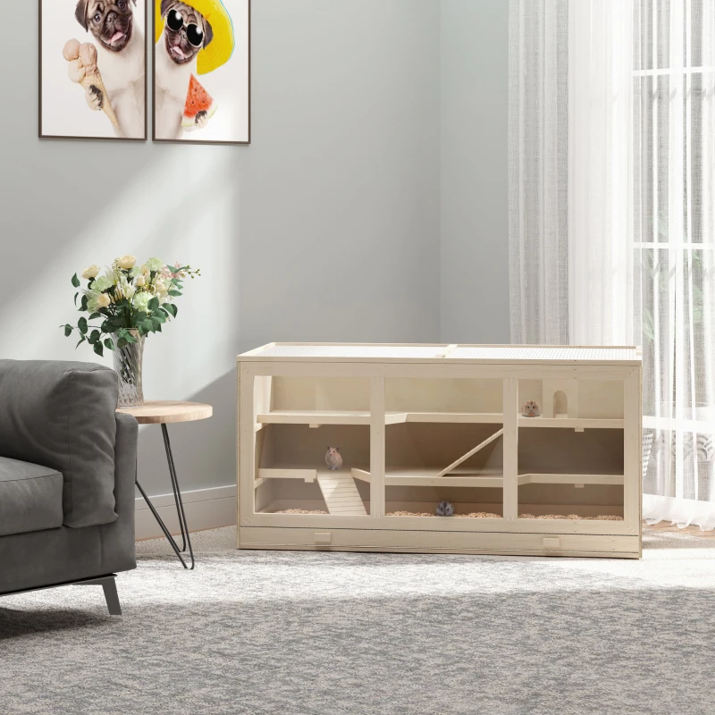 PawHut hamsterkooi, knaagdierenkooi, muizenkooi met trappetjes, drie verdiepingen massief hout PVC naturel(m-10)