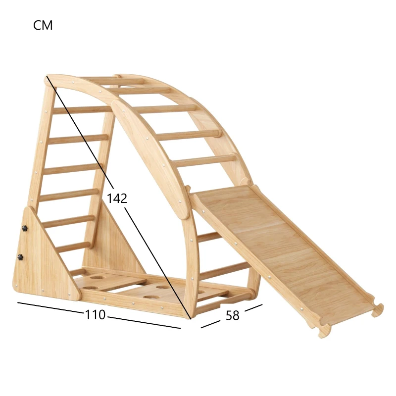 Structure d'escalade multifonctionnelle 8-en-1 en bois, Transformations de formes polyvalentes, avec toboggan, module d'escalade, bateau à bascule et tente, 140x58x142 cm, Couleur naturelle(m-3)