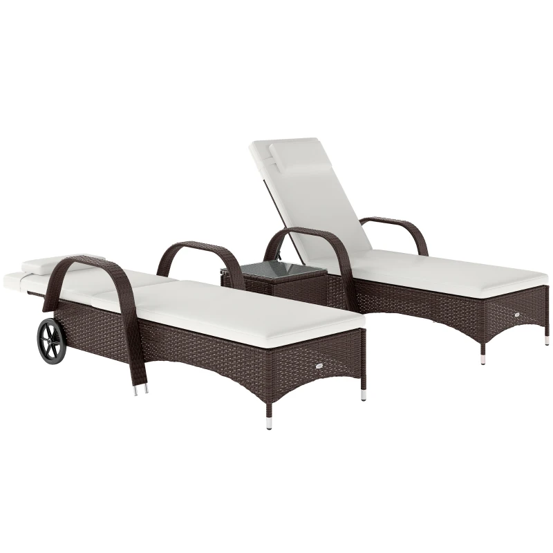 Outsunny 3 Pieces PE Rattan Patio Lounge Chair Set, Outdoor Recliner Lounge Chairs with Wheels, for Outside with Cushions, Headrest, Coffee Table for Garden, Poolside, Brown