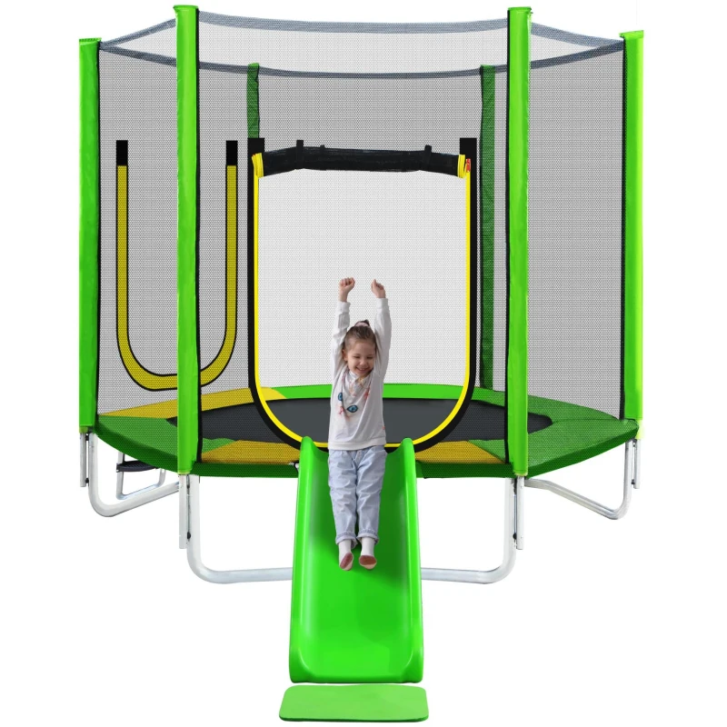 Trampoline pour enfants Ø 213 cm avec toboggan, échelle, filet, double porte et poteaux rembourrés, Vert(m-10)