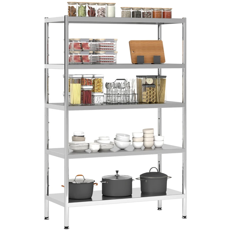 HOMCOM Scaffale da Cucina a 5 Livelli Regolabili su 13 Altezze Diverse, in Acciaio Inox, 91x40x139 cm, Argento