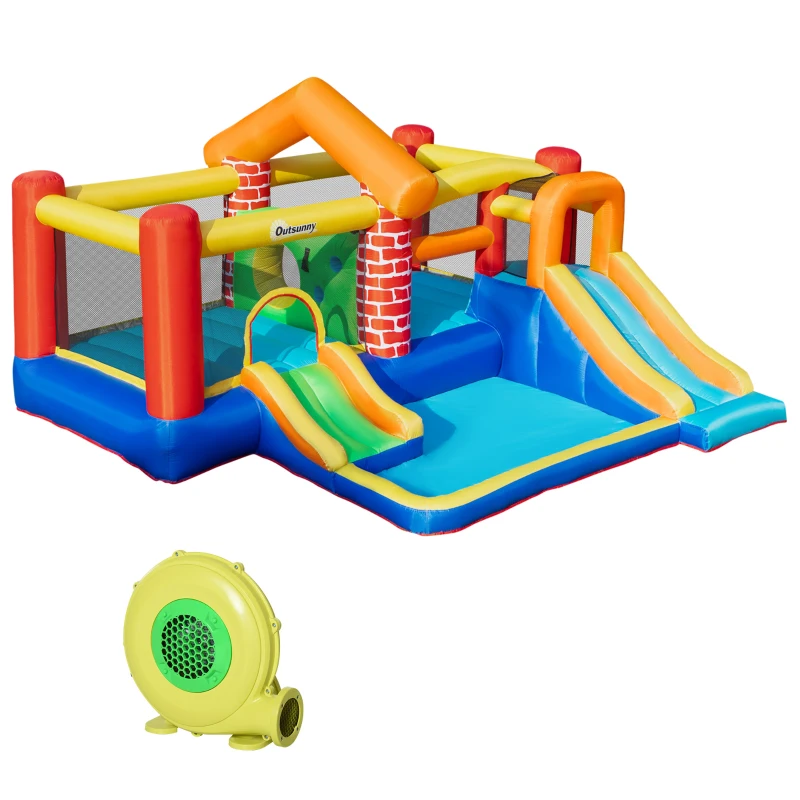 Outsunny Castelo Insuflável com 2 Escorregas 2 Trampolins e Piscina para Crianças acima de 3 Anos Inclui Inflador e Bolsa de Transporte para Interior Exterior 380x370x230cm Multicor