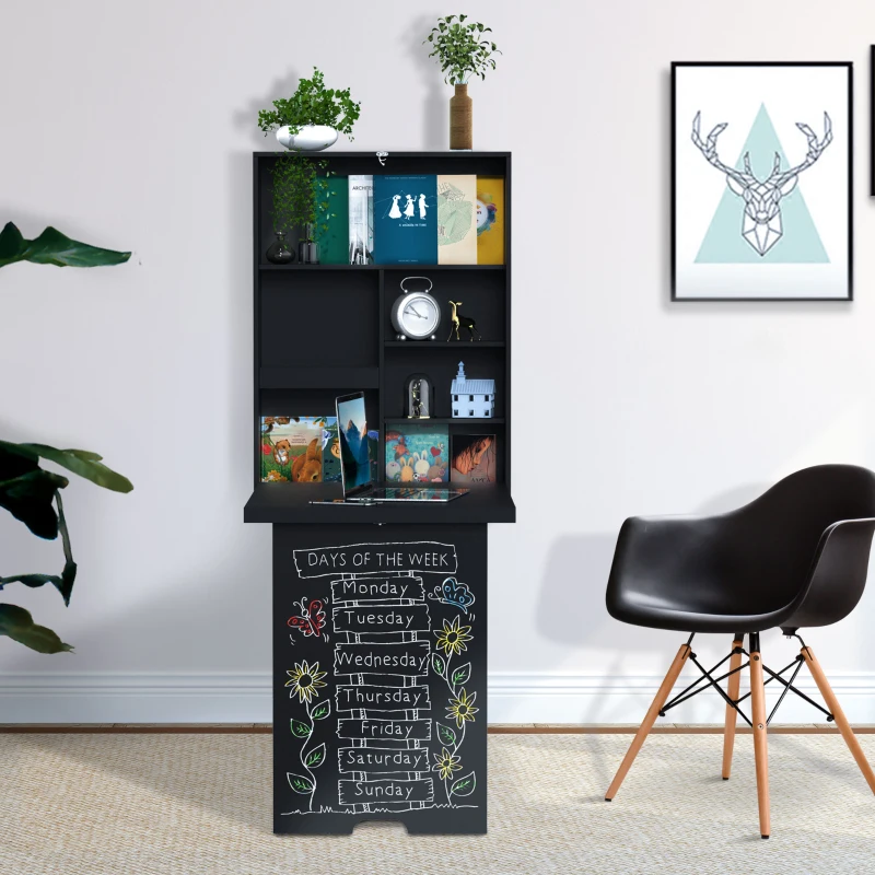 HOMCOM Opklapbare wandtafel met schrijfbord, 60 cm x 94,5 cm x 147 cm, Zwart(m-10)